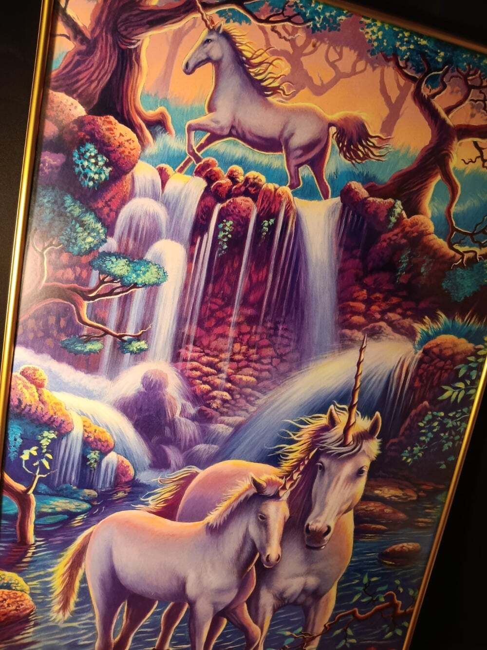 Vtg 1992 Unicorn Falls Fantasy Poster #398 Framed Gold Tone Metal Frame Whimisy